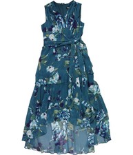 Sl Fashions Womens Belted Tiered Maxi Asymmetrical Dress, Blue, 4