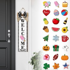 Holiday Interchangeable Welcome Sign for Front Door Wood Porch Sign with 24 P