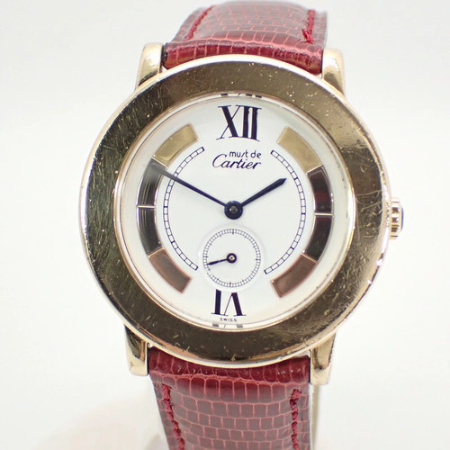 Cartier Must Ronde Vermeil GP Leather Belt Watch Small Seconds...