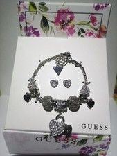 Image of New Guess charm Bracelet & pave Earrings Set Silver Tone with Crystals