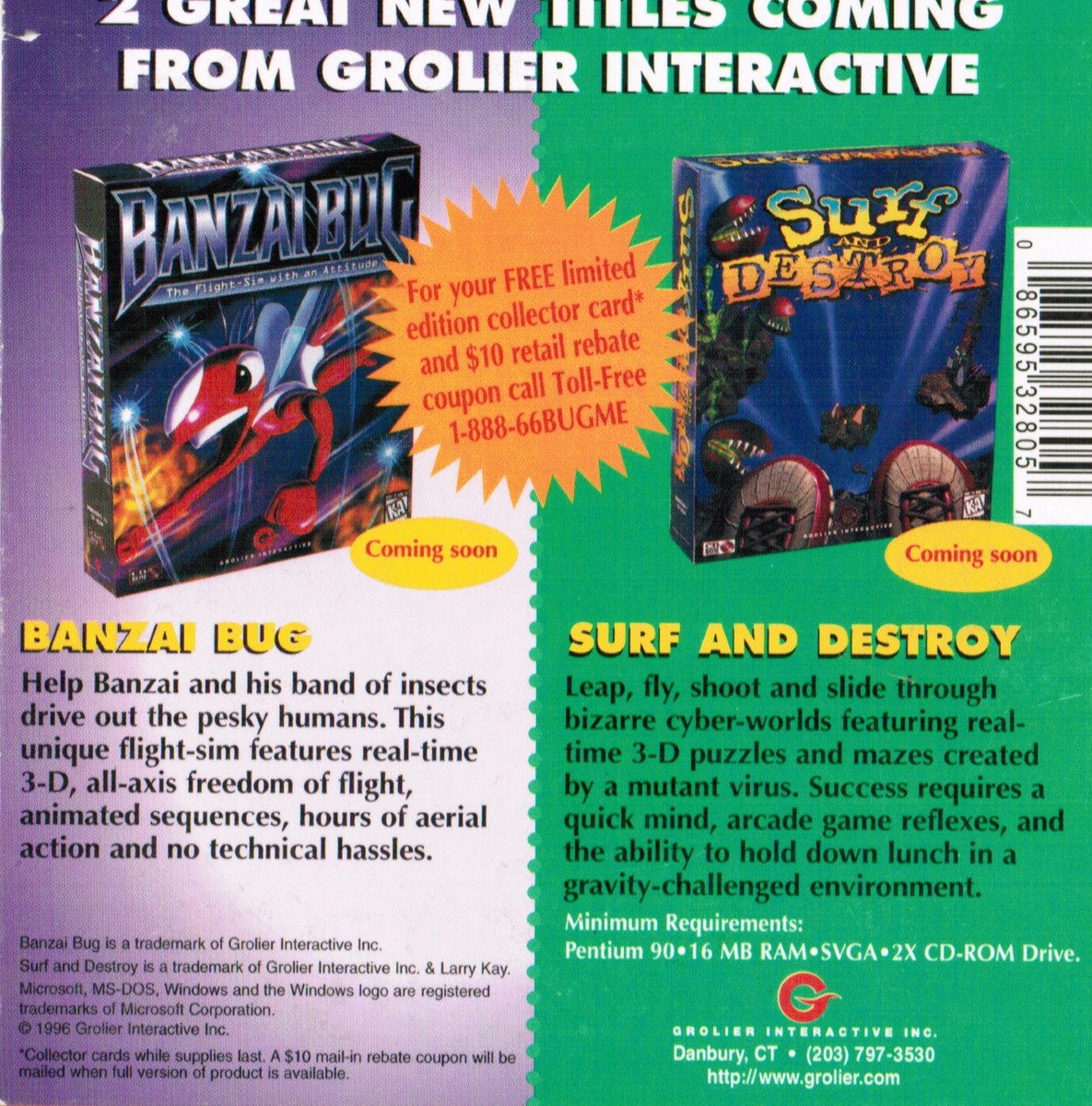 Banzai Bug/Surf and Destroy 1996 PC Computer CD Grolier Demo Banzai Bug/Surf and Destroy 1996 PC Computer CD Grolier Demo