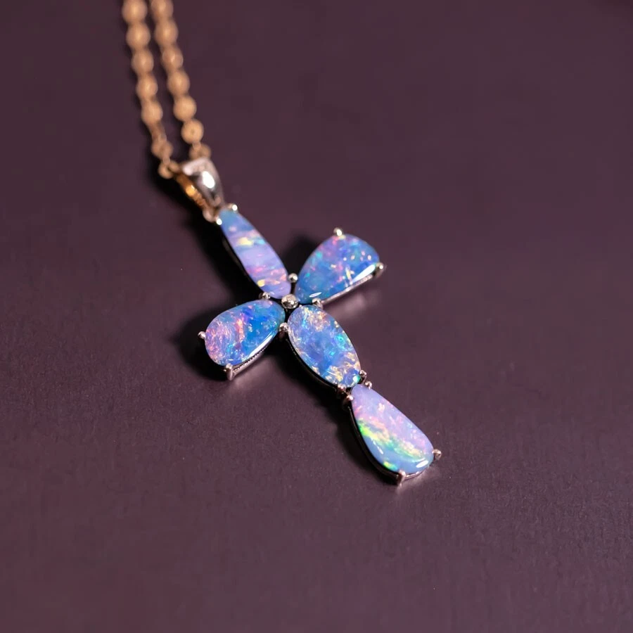 Свободной формы австралийский двойной опал крест подвеска ожерелье 14K желтое золото - Изображение 2 из 4
