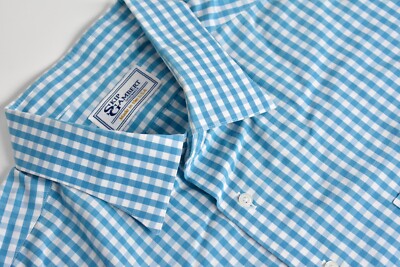 Skip Gambert Teal Gingham Check Point Collar Cotton Dress Shirt Sz: 17.5/32.5