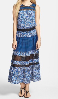 Michael Kors Blue Lazio Paisley/Plaid Print Tiered Maxi Dress w - Main Image