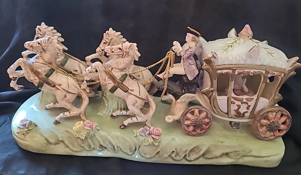 Vintage Capodimonte Porcelain 4 - Horse Drawn Carriage with Driver