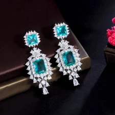 Silver Plated Green Cubic Zircon Water Droplet Long Dangle Engagement Earrings