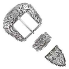 Western Cowboy/Cowgirl Rodeo Decor Engraved Antique Silver Rope Edge Buckle Set