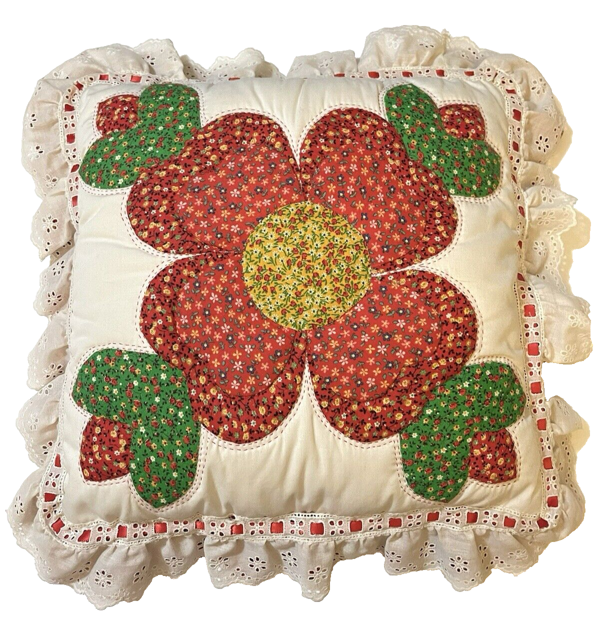 Handmade Quilted Red Floral Throw Pillow Eyelet Lace 12