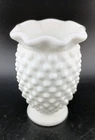 Vintage Fenton Art Glass Milk Glass Hobnail Mini Vase Crimped Top Beautiful Chic