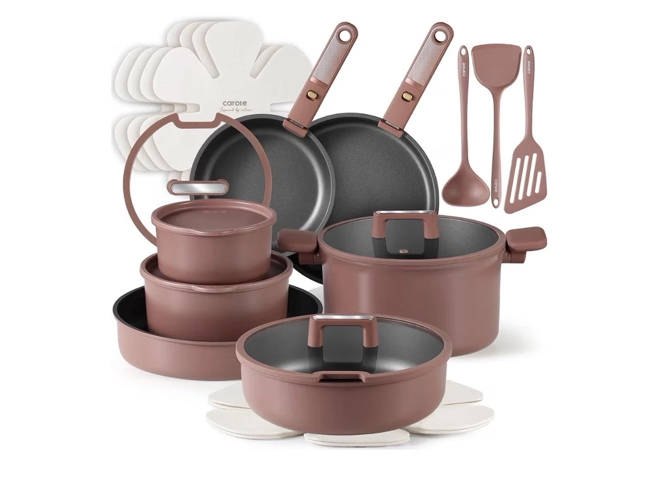 CAROTE 23Pcs Pots and Pans Set Non Stick with Detachable Handle Rouge Pink