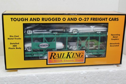 MTH #30-76878 RAIL KING NUEVA YORK CENTRAL AUTO PORTADOR CON CUATRO CADILLACS del 49 | Zustand: New