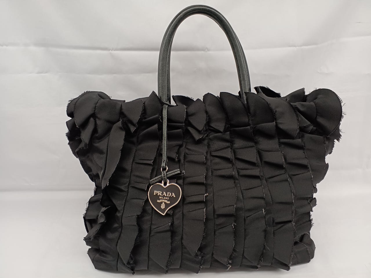 Prada Womens Frilled Tote Bag in Leather with Gold Accents
