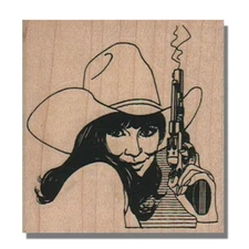 Mounted Rubber Stamp, Smiling Lady With Gun, Square, Cowgirl,Cowboy, Hat, Person