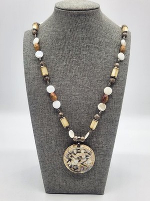 Artisan Frog Point Pottery Pendant & Beaded Necklace 15'' Long Togle Closure