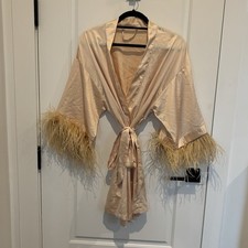 Vintage cream satin robe with feather trim, could fit XS to XL