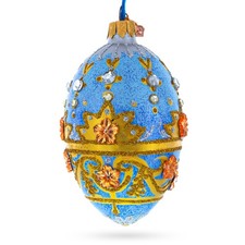 Golden Flowers on Speckled Blue Glass Egg Ornament 4 Inches