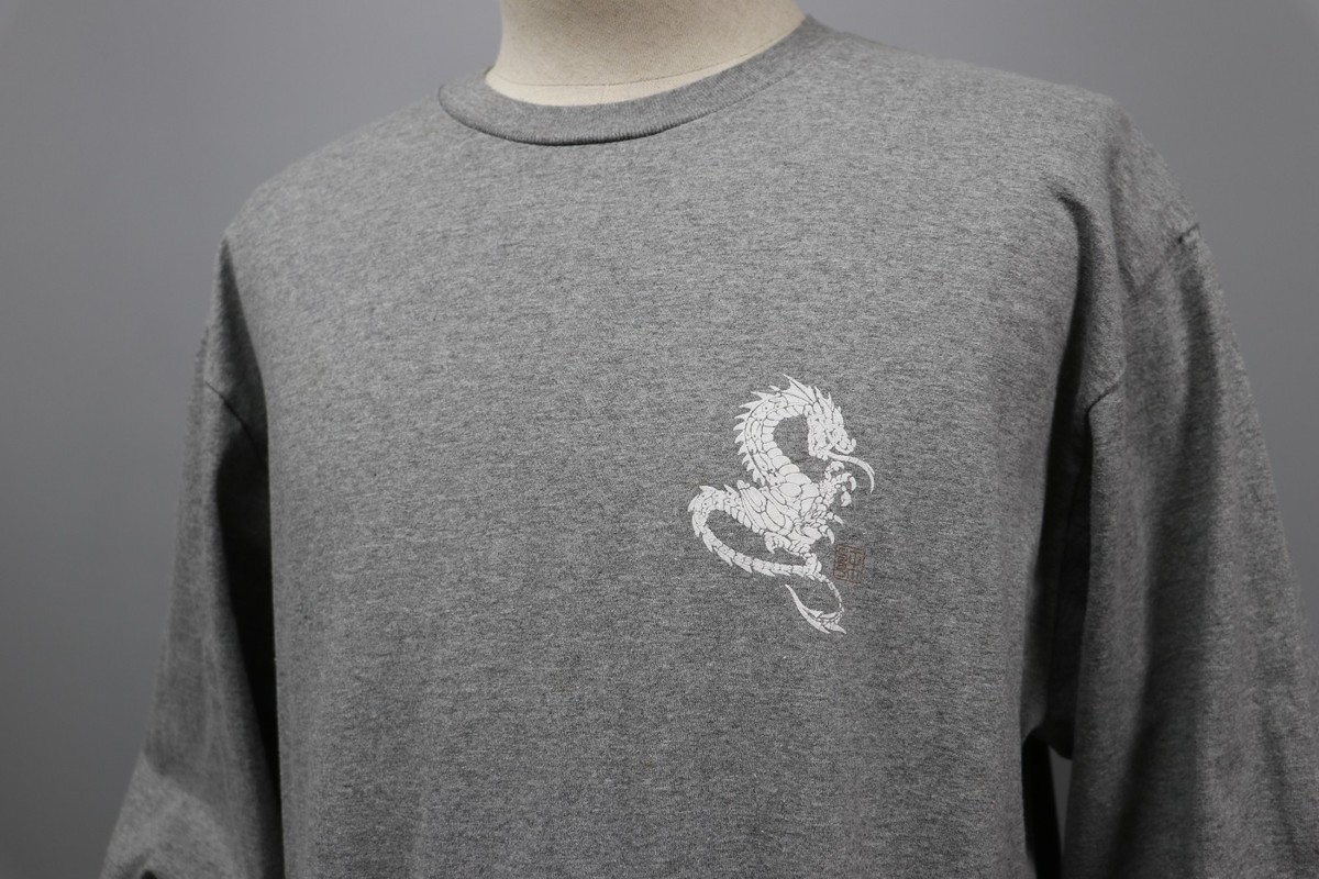 STUSSY DOUBLE DRAGON Vintage 90s Print Gray Jersey Long Sleeve