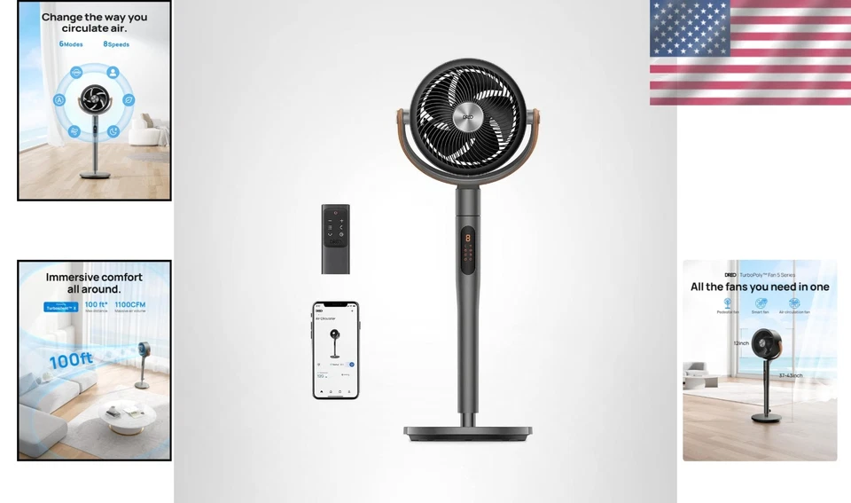 Ventilador Inteligente Ventilador de Piso Oscilante Wi-Fi Control por Voz Control Remoto 8 Velocidades 6 Modos Foto 2 de 4