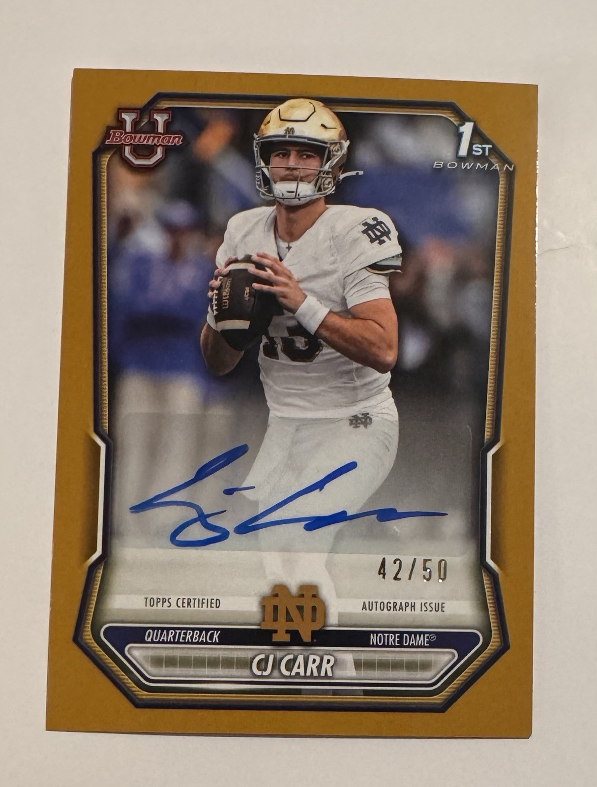 2026 Bowman Football CJ Carr 1st Bowman Paper Gold Auto #/50