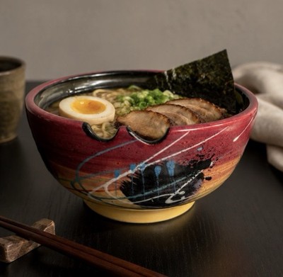 Handmade Studio Art Pottery Ramen Noodle Soup Bowl Colorful Abstract Signed