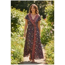 Xhilaration Size L Maxi Dress Long Floral Faux Wrap Short Flutter Sleeve Women's