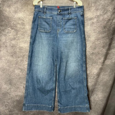 Spanx Cropped Wide Leg Jeans With Patch Pockets Size L Stretch Denim High Rise