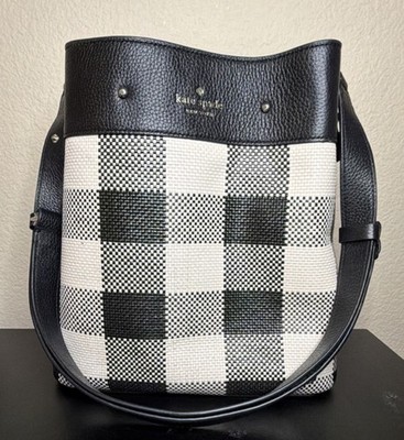 Kate Spade New York Checkered Bucket Bag Black White Turn Lock Strap Accent