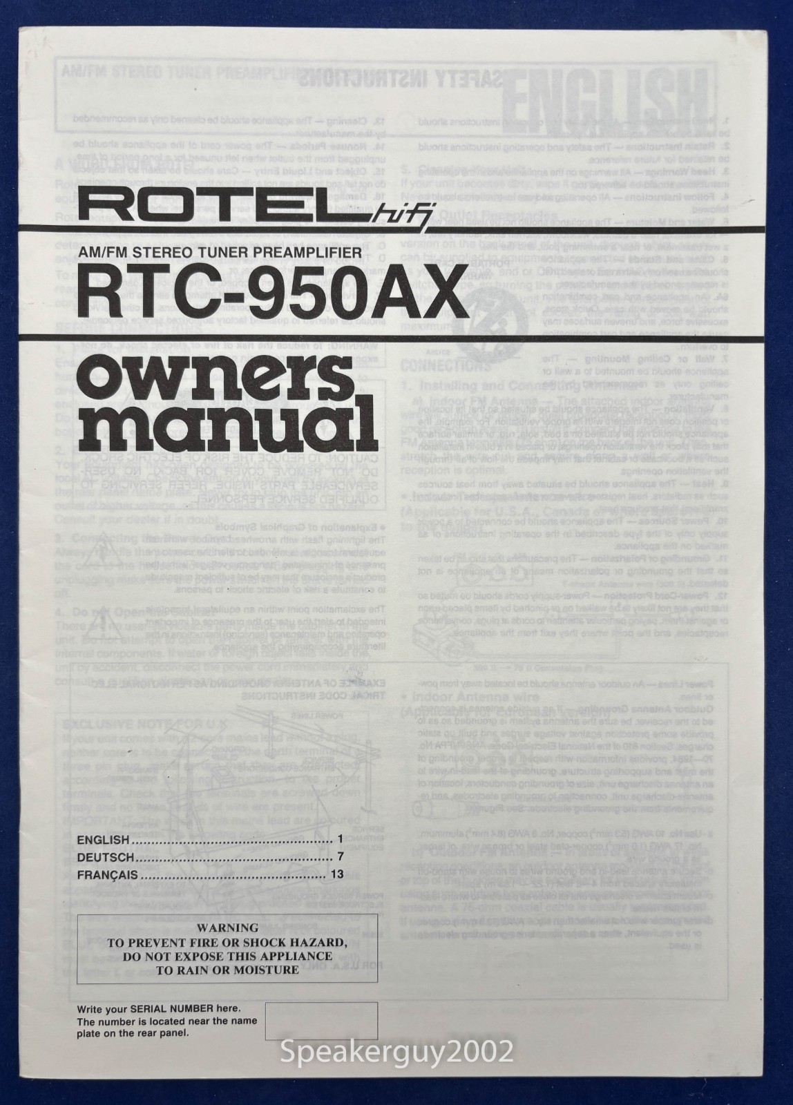 Original Rotel RTC-950AX Preamplifier Owner's Manual