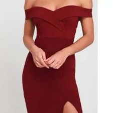 Lulus Classic Glam Burgundy Off-the-Shoulder Bodycon Midi Dress