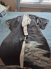 Vintage Japanese Kimono Robe Black Silk Style Floral Scenic Print Long Haori 58  