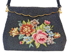 Vintage Micro Beaded Handbag Purse Scalloped Flap Envelope Frame Roses Stitch