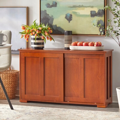 Walnut Wooden Storage Cabinet Stackable Utility China Curio Table Sliding Doors