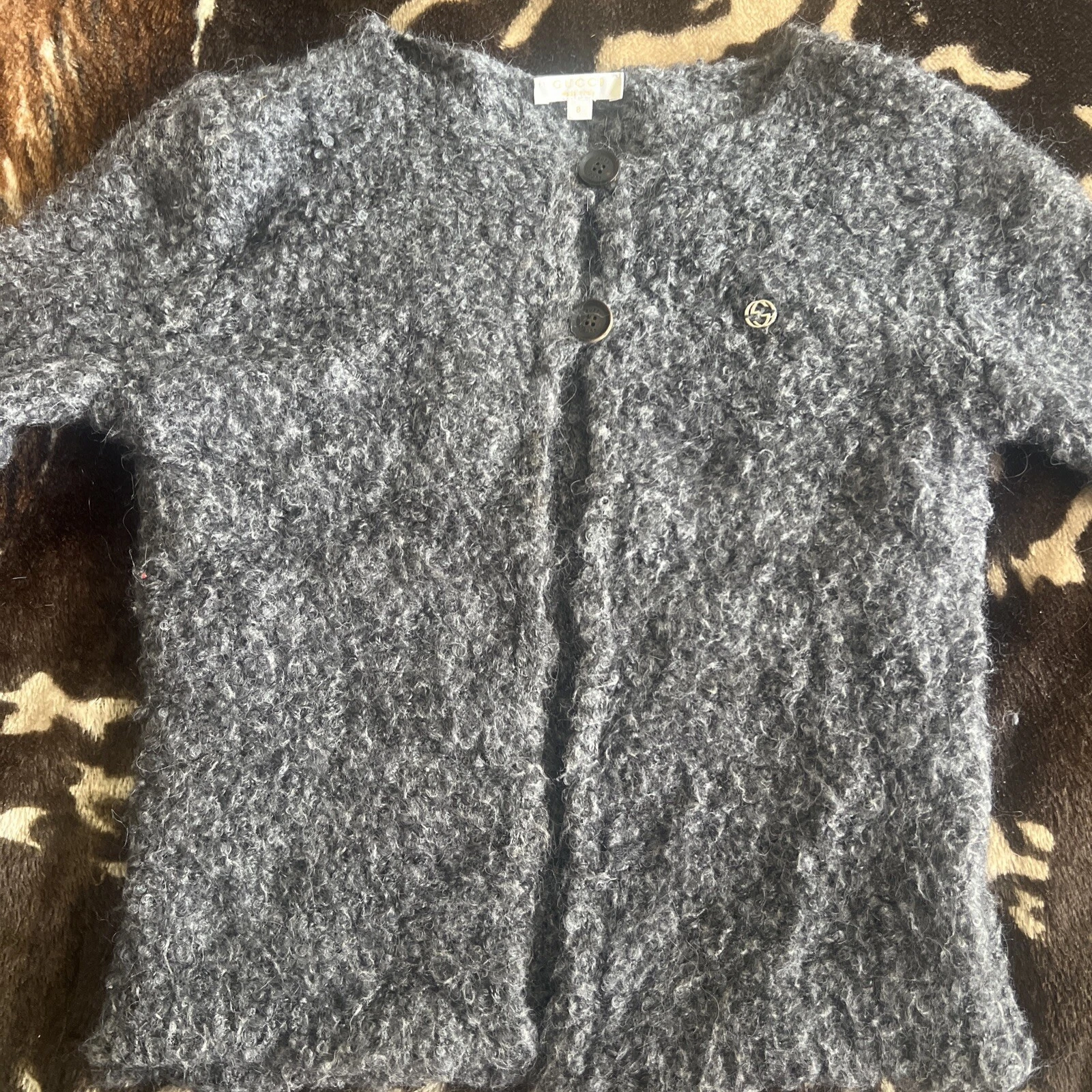 Cardigan Gucci fille bouclé gris mohair mélangé logo taille 8 ans