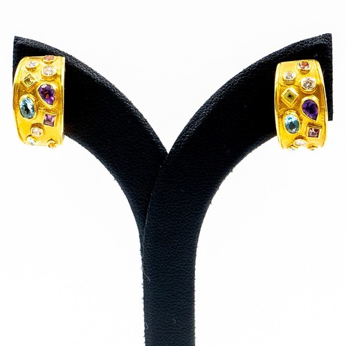 0.26Ct Natural Diamond Amethyst Peridot & Citrine 18k Yellow Gold Earrings - Picture 2 of 12