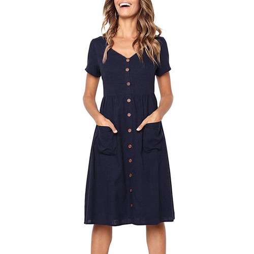 Womens Casual Beach V-Neck Midi Dress 