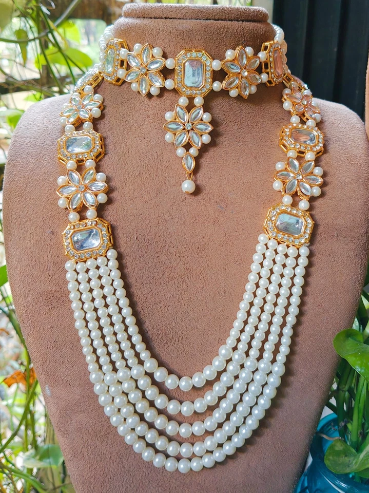 Schön Kostüm Multistrang Kunstperle Lang Indisch Ethnisch Halskette Ohrringe Set