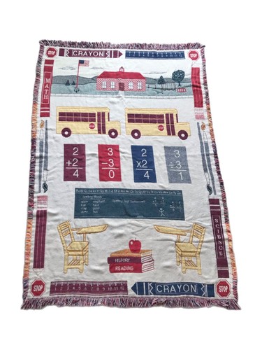 Vintage Szkoła Książki w klasie Autobus Tablica Nauczyciel Gobelin Narzuta Koc - Zdjęcie 1 z 8