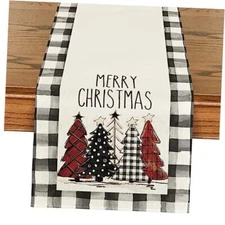  Waterclor Buffalo Plaid Christmas Trees Table Runner, 13" x 72" Multi Color
