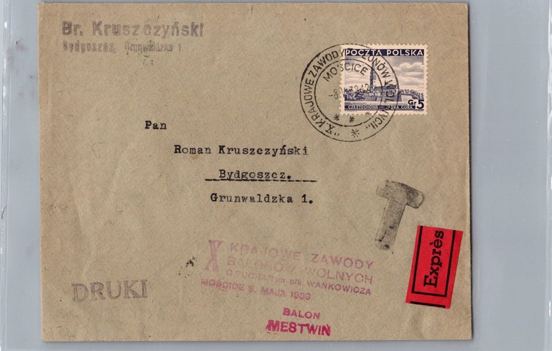 1938 Poland Moscice Mestwin Ballon Flight Airmail Express Cover to Bydgoszcz