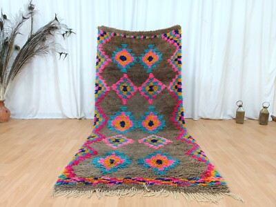 Berber Brown Moroccan Runner Rug 3'4'' x 7'6'' Vintage Handmade Large Bedside Rug
