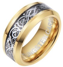 Silver Celtic Dragon Inlay Gold Tungsten Wedding Ring -30 Days Returns /Exchange