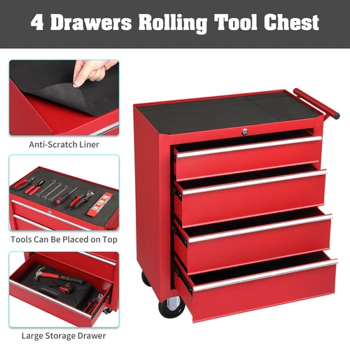NEW 4 Drawer Rolling Tool Chest with Drawers Lock & Key Tool Storage Cabinet Red