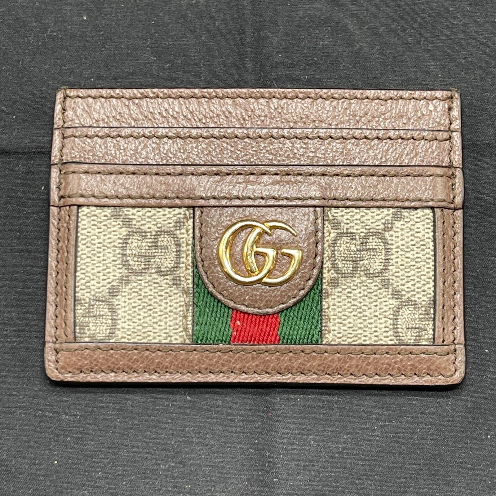 Étui pour carte Gucci GG Supreme Ophidia en cuir marron avec or appliqué