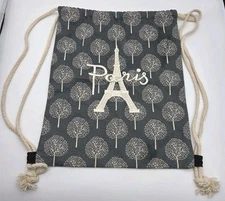 Paris Eiffel Tower Embroider Cotton Canvas Drawstring Cinch Bag Backpack 16”x13”