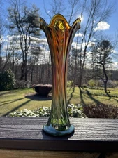 Fenton Carnival Glass Plume Panels Swung Vase Green 12”