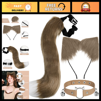 #ad Animal Ears and Tail Set Cat Wolf Fox Costume Accessories with Bell Choker f $25.99