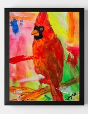 GUAJARDO Original Neo Expressionism Cardinal Male Bird 14X11 Canvas Signed Art