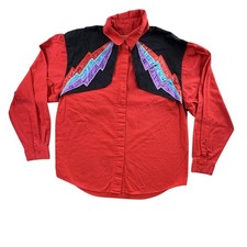 Vintage Wrangler Shirt Mens Large Red Button Up Western Lightning Geometric 80s