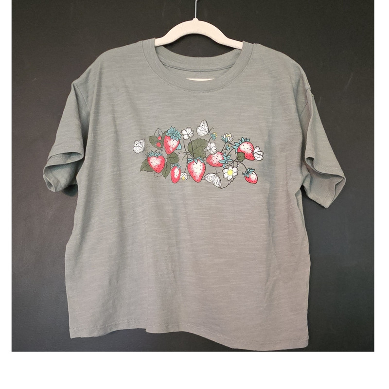 Cottage Core SO Girl's Green Floral Strawberry Short Sleeve T-Shirt L (10/12)