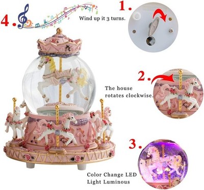 LOVE FOR YOU Gift Wrapped Musical Carousel Snow Globe   Unicorn & Horses Music B
